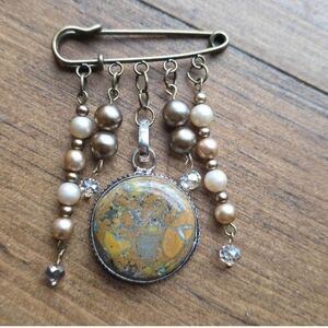 Hand Crafted Gold and Brown Beaded Brooch